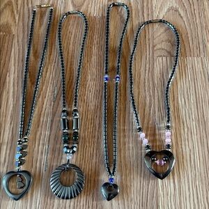 VINTAGE LOT OF FOUR HEMATITE GEMSTONE HEART AND DONUT SHAPED PENDANT NECKLACES
